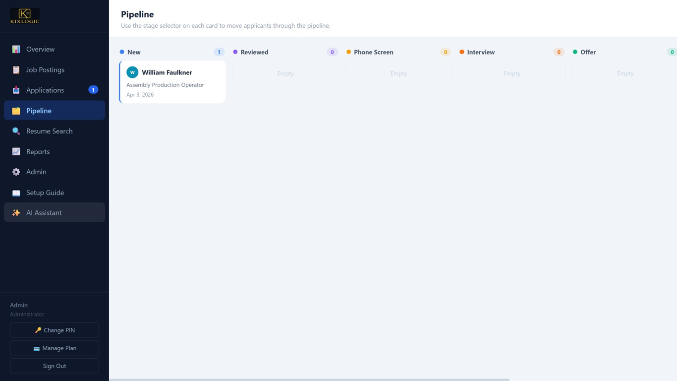 Kixlogic ATS candidate pipeline